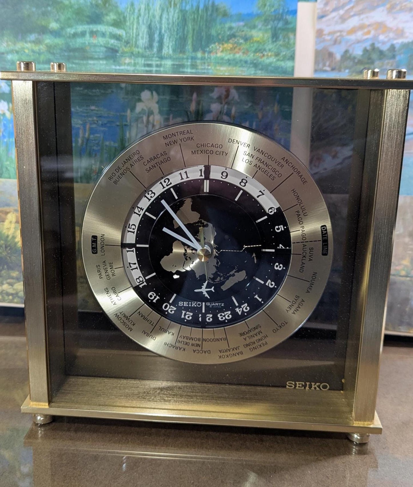 Vintage Seiko 1980s Quartz Mantle Brass Clock Airplane Second Hand Continuous Movement