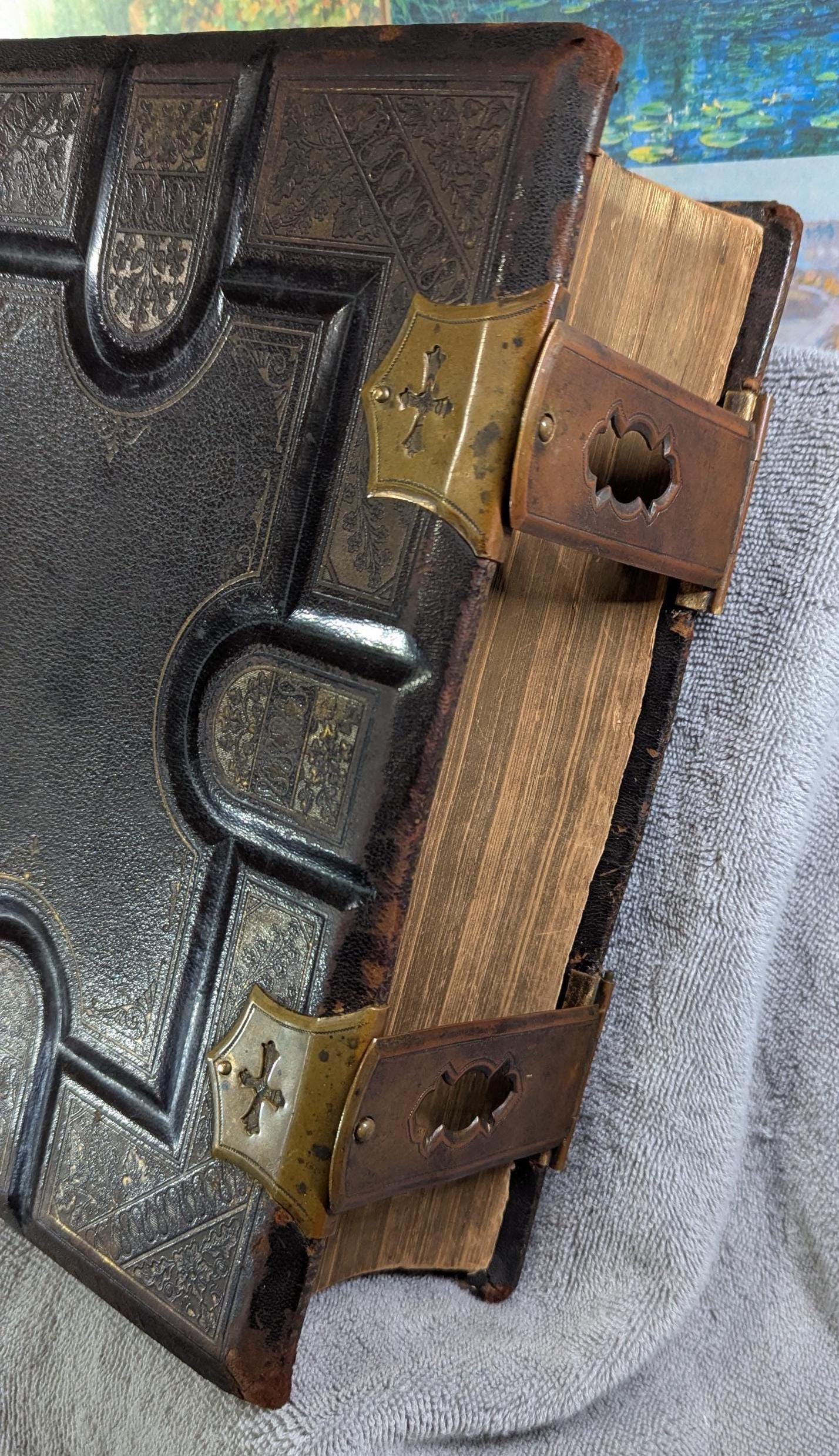 Rare Antique ca1872 Large Leather Holy Bible Clasped Illustrated Gold Leaf Embossed