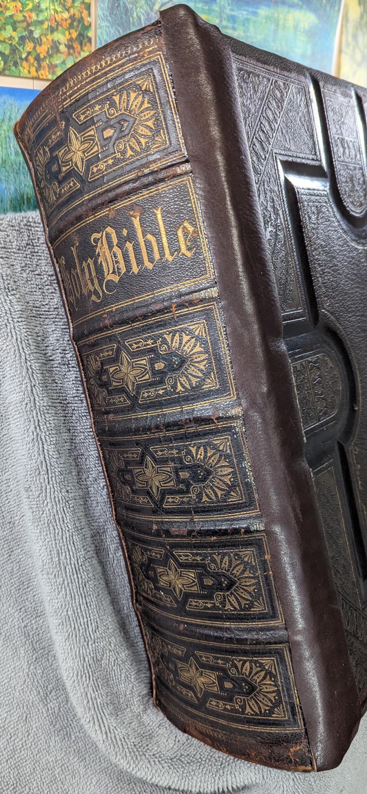 Rare Antique ca1872 Large Leather Holy Bible Clasped Illustrated Gold Leaf Embossed