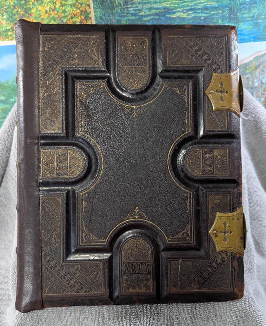 Rare Antique ca1872 Large Leather Holy Bible Clasped Illustrated Gold Leaf Embossed