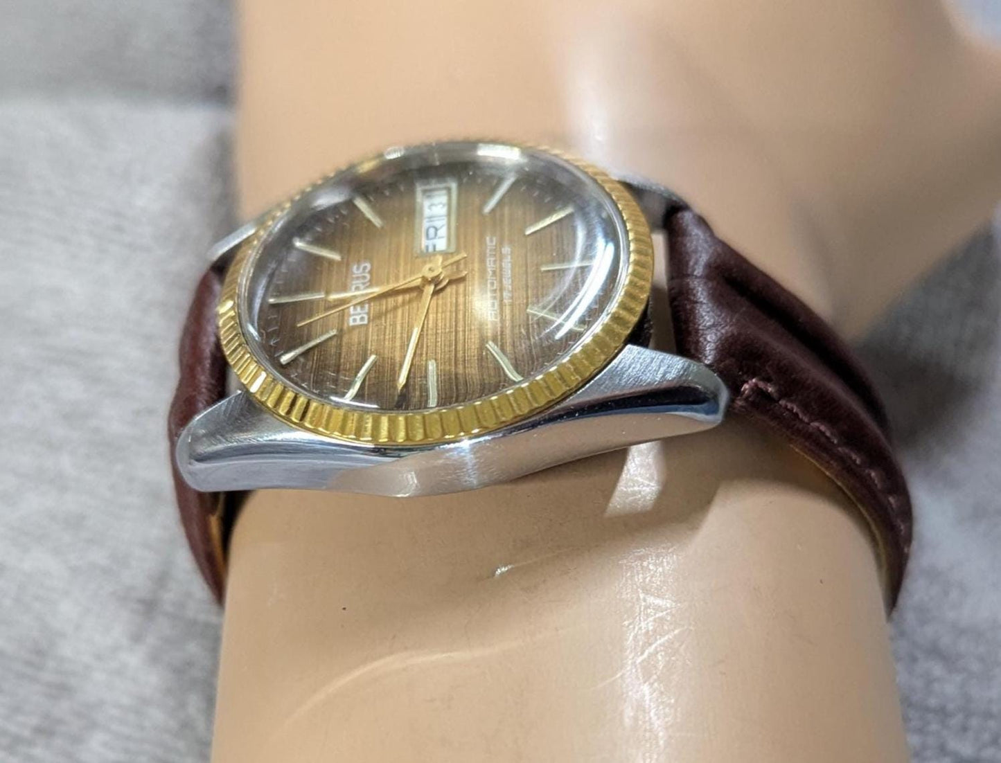 Rare Vintage 1970s Benrus Automatic Watch Retro Textile Style Dial, New Leather Band