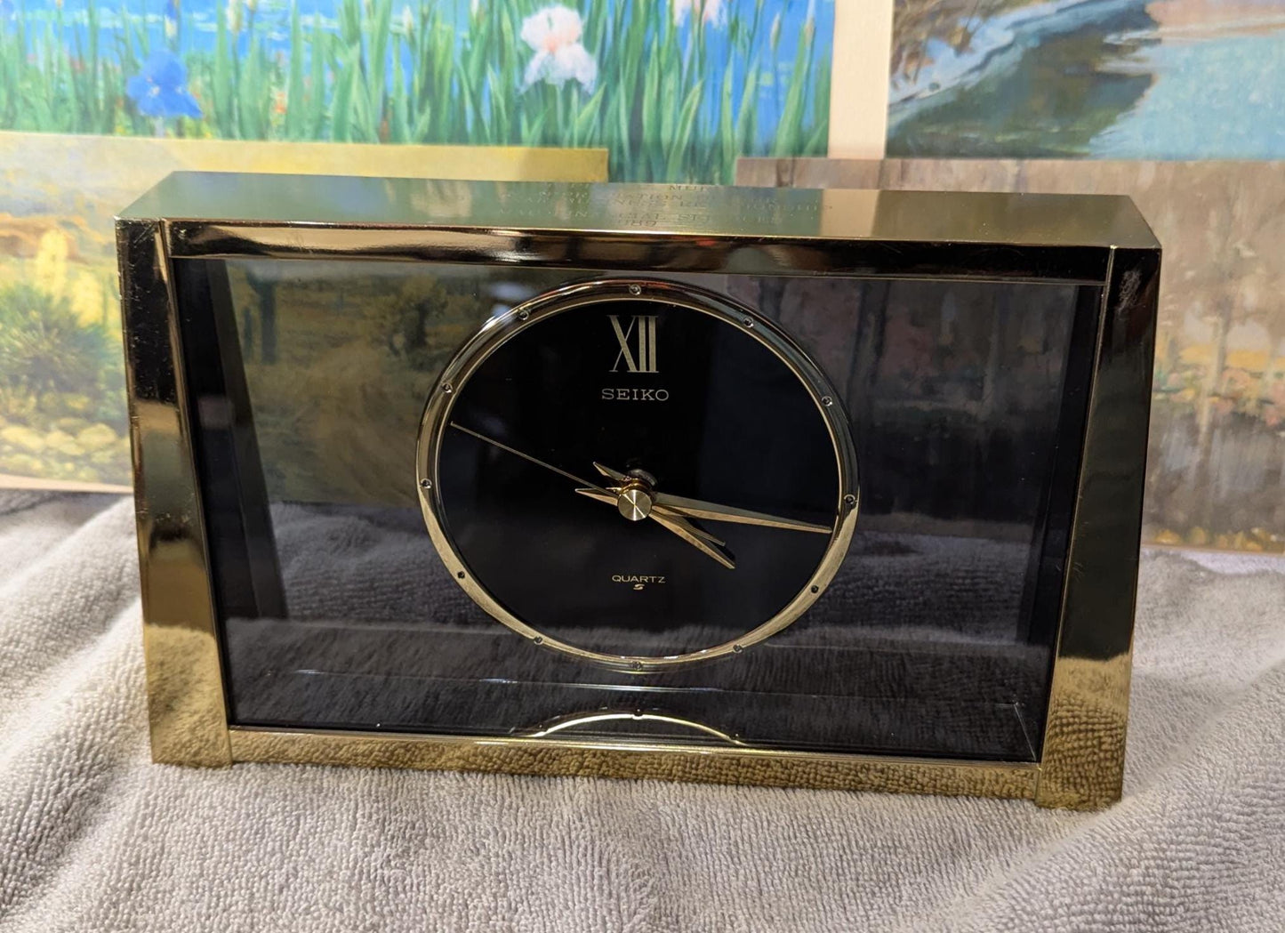 Vintage Seiko Desk/Mantle Clock ca1980s Gold Tone Smoke Tinted Glass