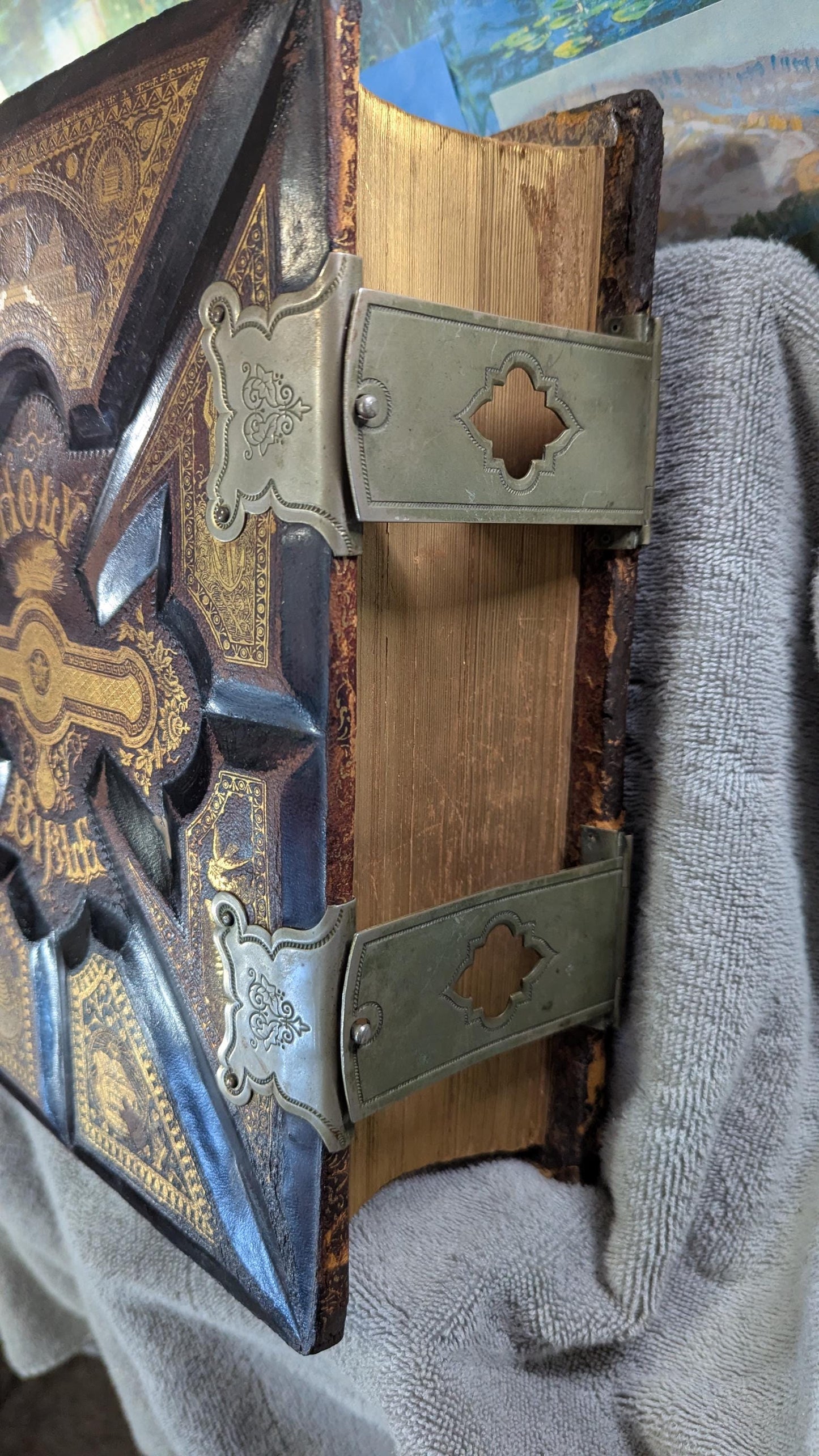 Antique 1890s Holy Bible  Parallel Edition Large Embossed Leather Cover with Clasps