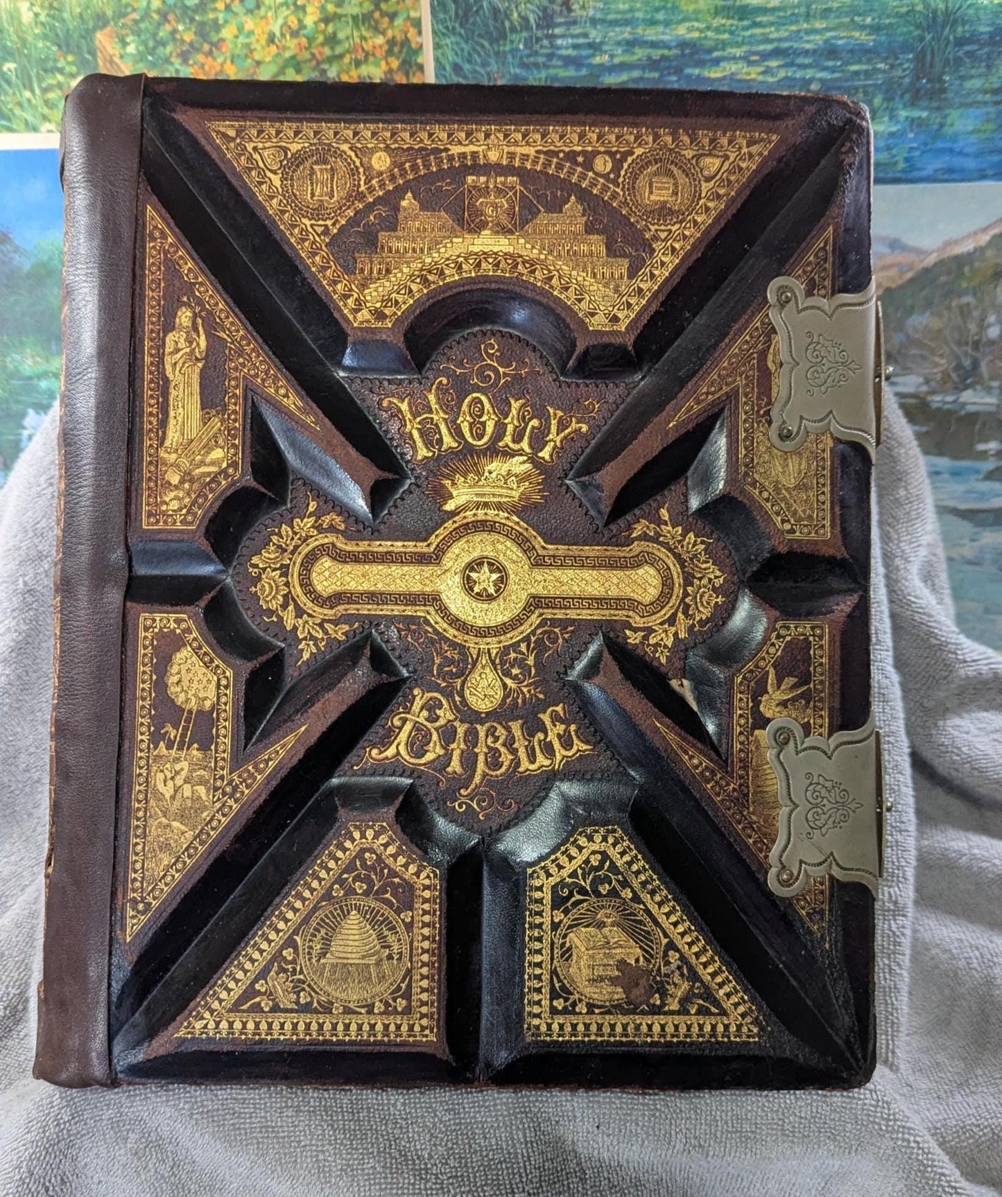 Antique 1890s Holy Bible  Parallel Edition Large Embossed Leather Cover with Clasps