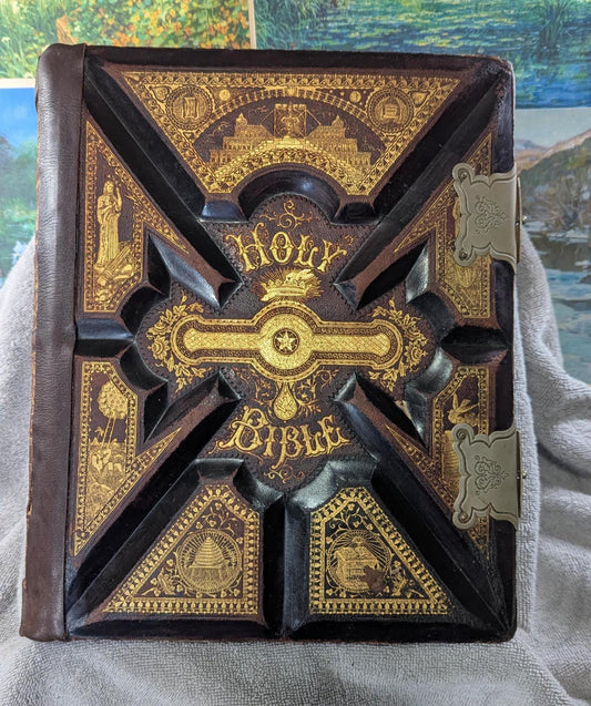 Antique 1890s Holy Bible  Parallel Edition Large Embossed Leather Cover with Clasps