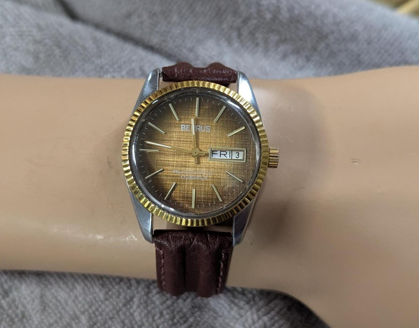 Rare Vintage 1970s Benrus Automatic Watch Retro Textile Style Dial, New Leather Band