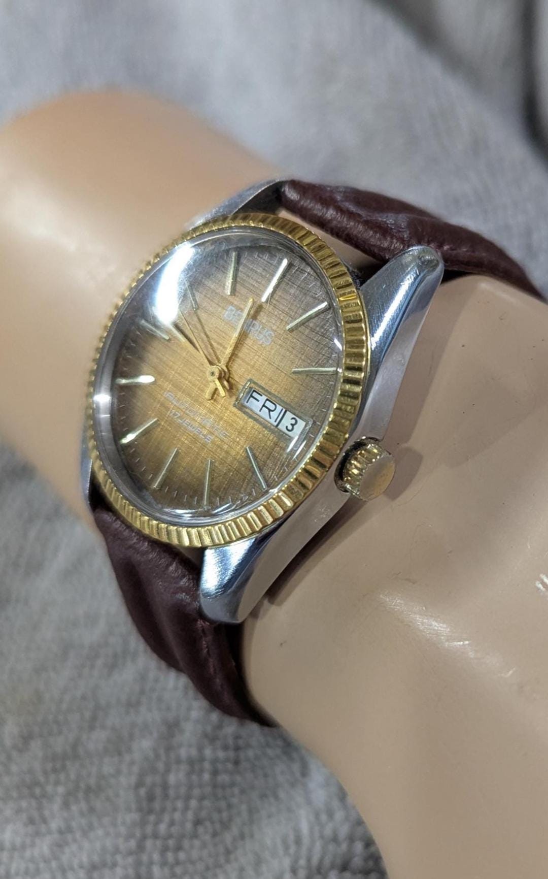 Rare Vintage 1970s Benrus Automatic Watch Retro Textile Style Dial, New Leather Band