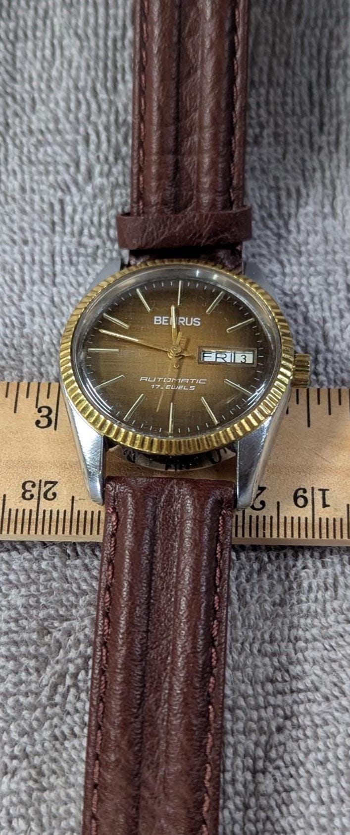 Rare Vintage 1970s Benrus Automatic Watch Retro Textile Style Dial, New Leather Band