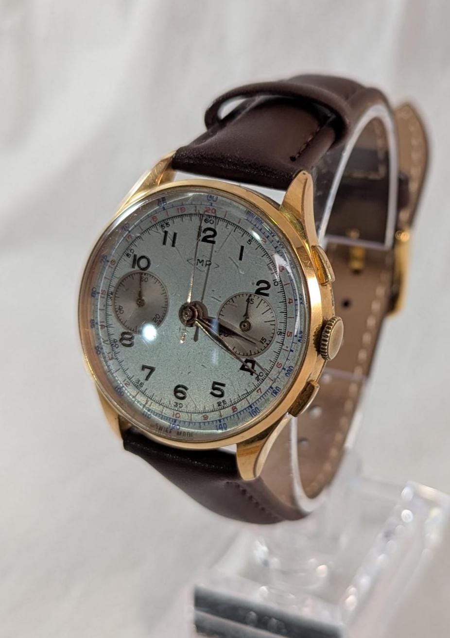 Rare Gold Swiss Charles Nicolet Chronograph Men's Watch 1950s 17 Jewel Landeron 51 Movement