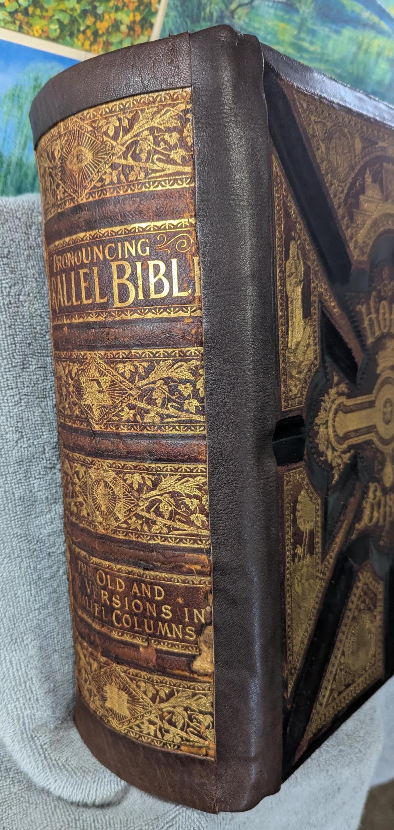 Antique 1890s Holy Bible  Parallel Edition Large Embossed Leather Cover with Clasps