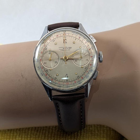 Working 1950s Charles Nicolet Tramelan Chronograph Men's Watch Landeron Calibre 39 Movement