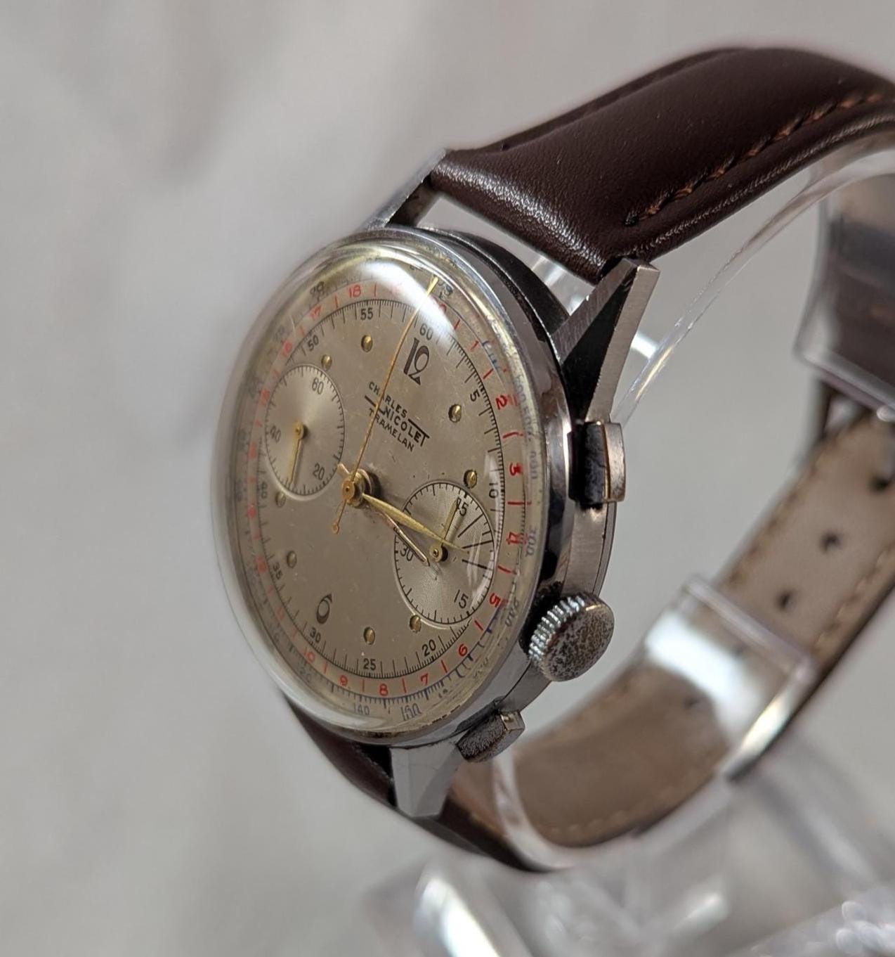 Working 1950s Charles Nicolet Tramelan Chronograph Men's Watch Landeron Calibre 39 Movement