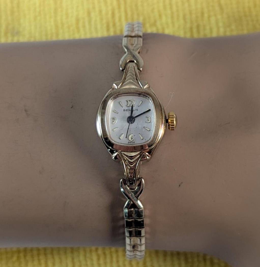 Vintage CONVERTED to Quartz Ladies Cocktail Watch - Benrus Gold Tone Bezel & Delicate Expansion Band