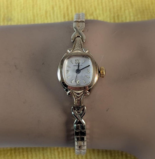 Vintage CONVERTED to Quartz Ladies Cocktail Watch - Benrus Gold Tone Bezel & Delicate Expansion Band