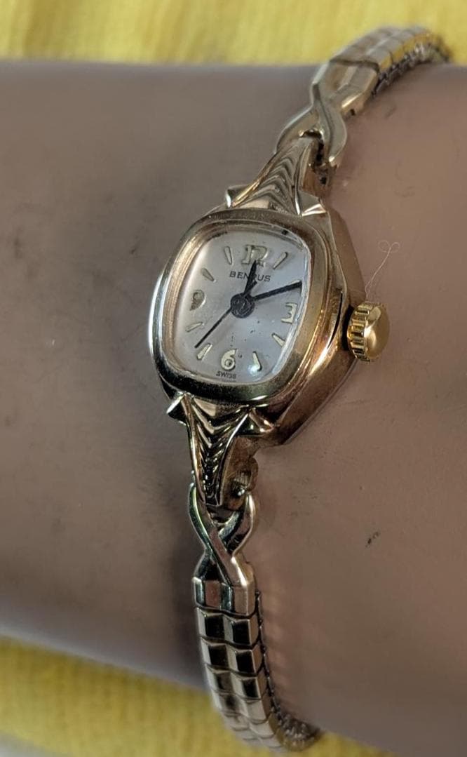 Vintage CONVERTED to Quartz Ladies Cocktail Watch - Benrus Gold Tone Bezel & Delicate Expansion Band