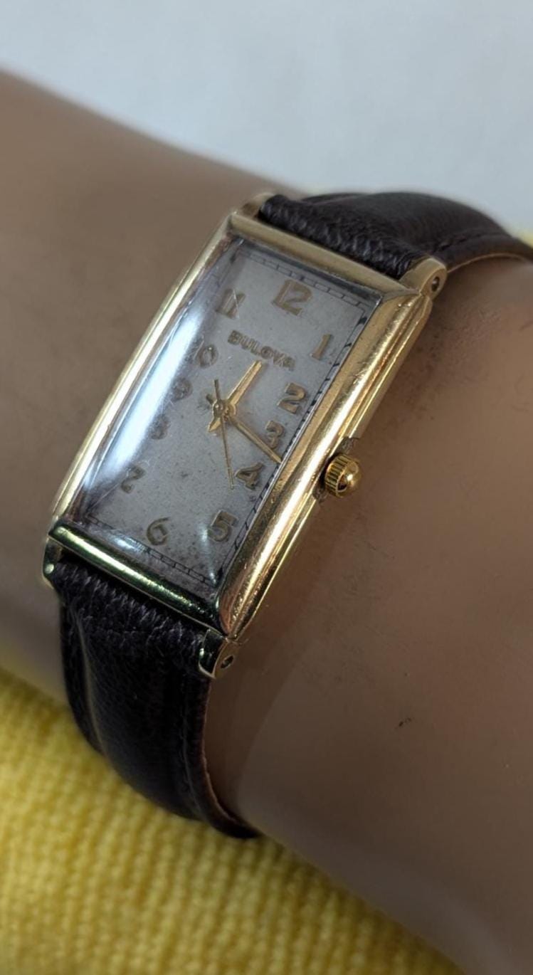 Retro 1930s Bulova Men's Watch 10KT Rolled Gold Bezel, Quartz Movement, Leather Band