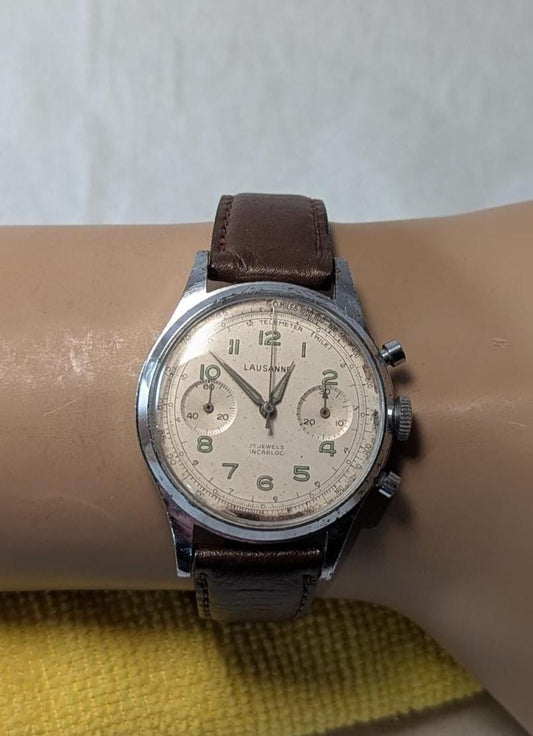 Working 1960s Lausanne Chronograph Men's Watch Venus 188 Swiss 17 Jewel Movement Cream Dial