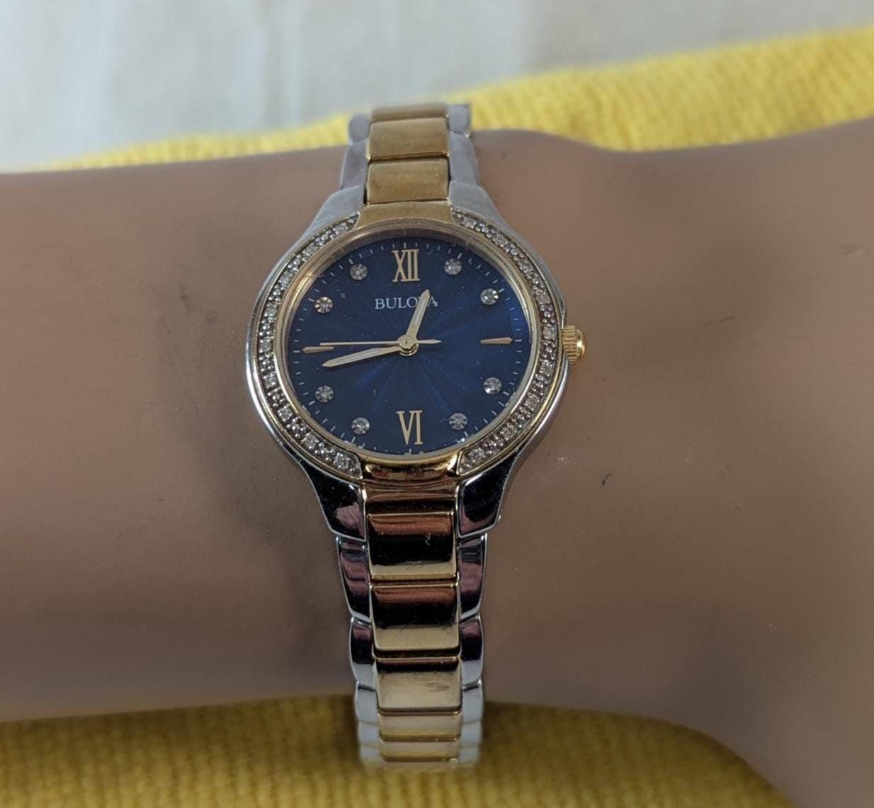 Vintage Bulova Ladies Diamond Watch - Handset diamond Bezel Blue Dial Model 98R223