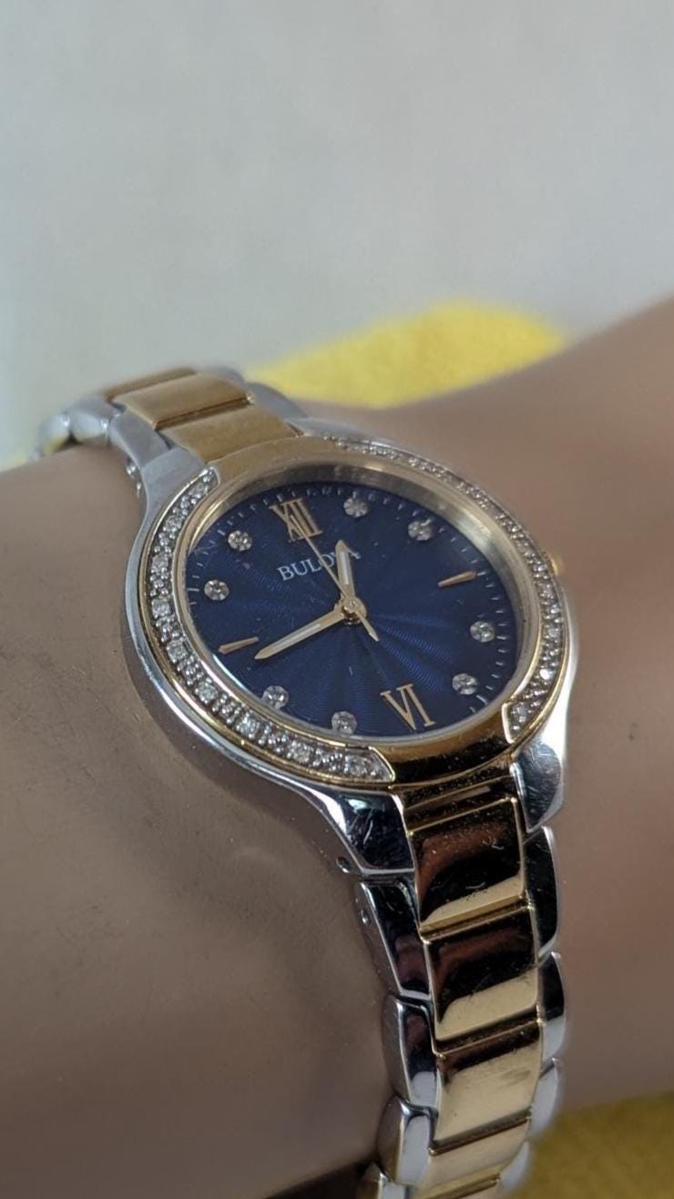 Vintage Bulova Ladies Diamond Watch - Handset diamond Bezel Blue Dial Model 98R223