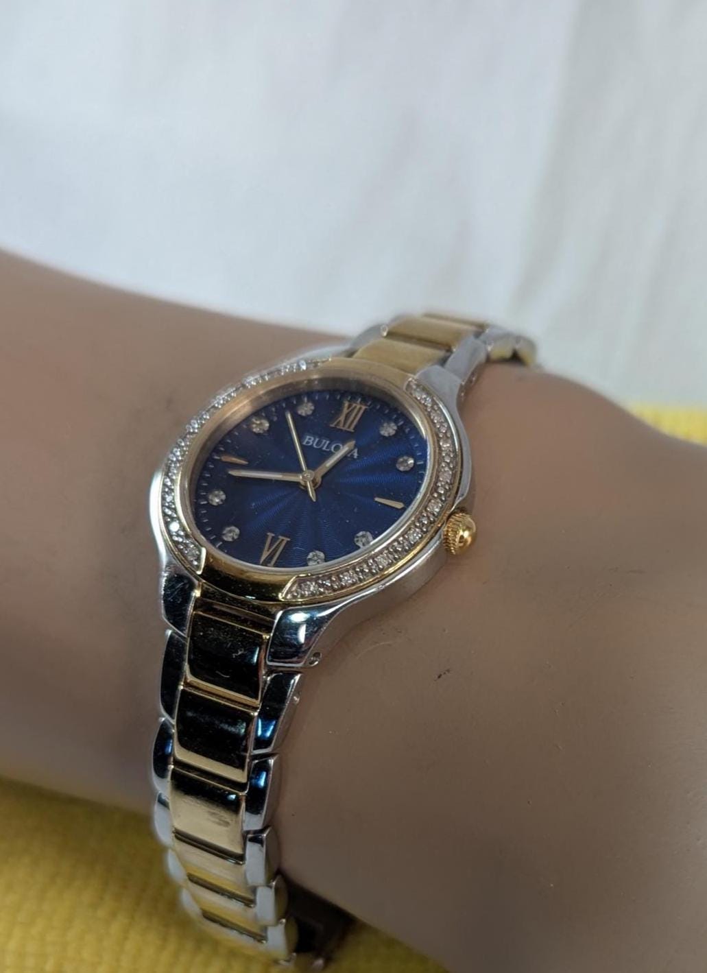 Vintage Bulova Ladies Diamond Watch - Handset diamond Bezel Blue Dial Model 98R223
