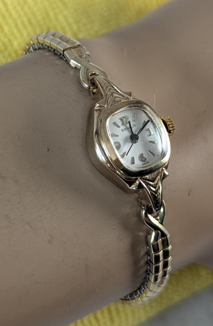 Vintage CONVERTED to Quartz Ladies Cocktail Watch - Benrus Gold Tone Bezel & Delicate Expansion Band
