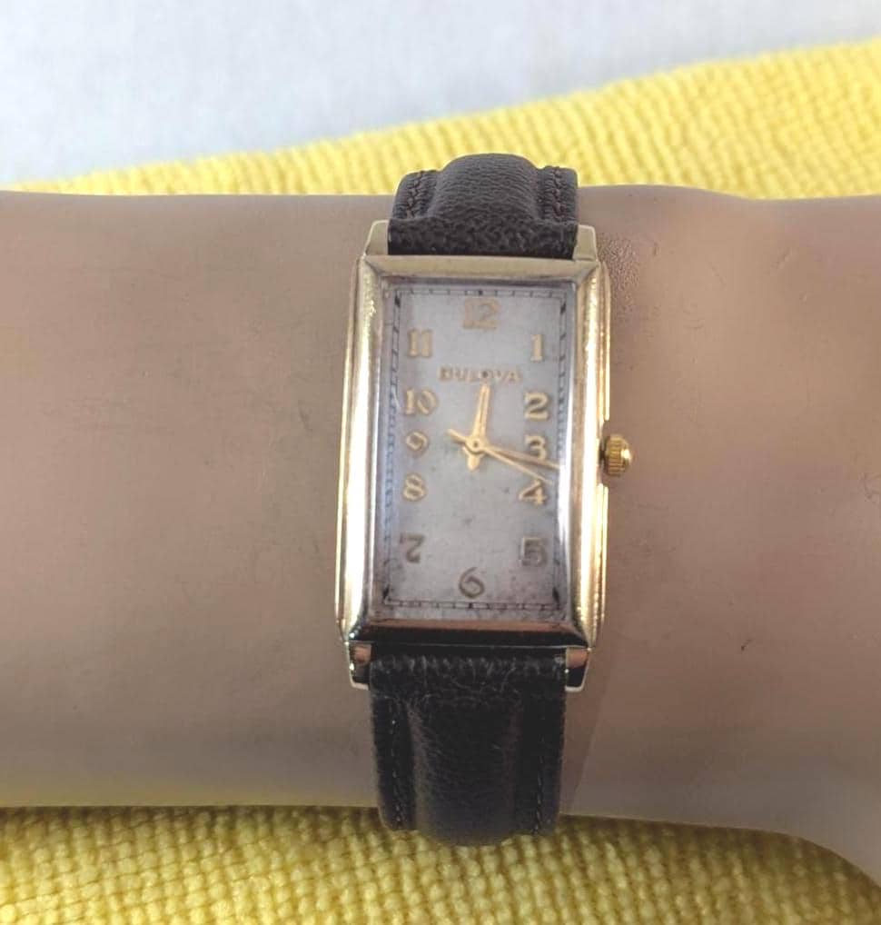 Retro 1930s Bulova Men's Watch 10KT Rolled Gold Bezel, Quartz Movement, Leather Band