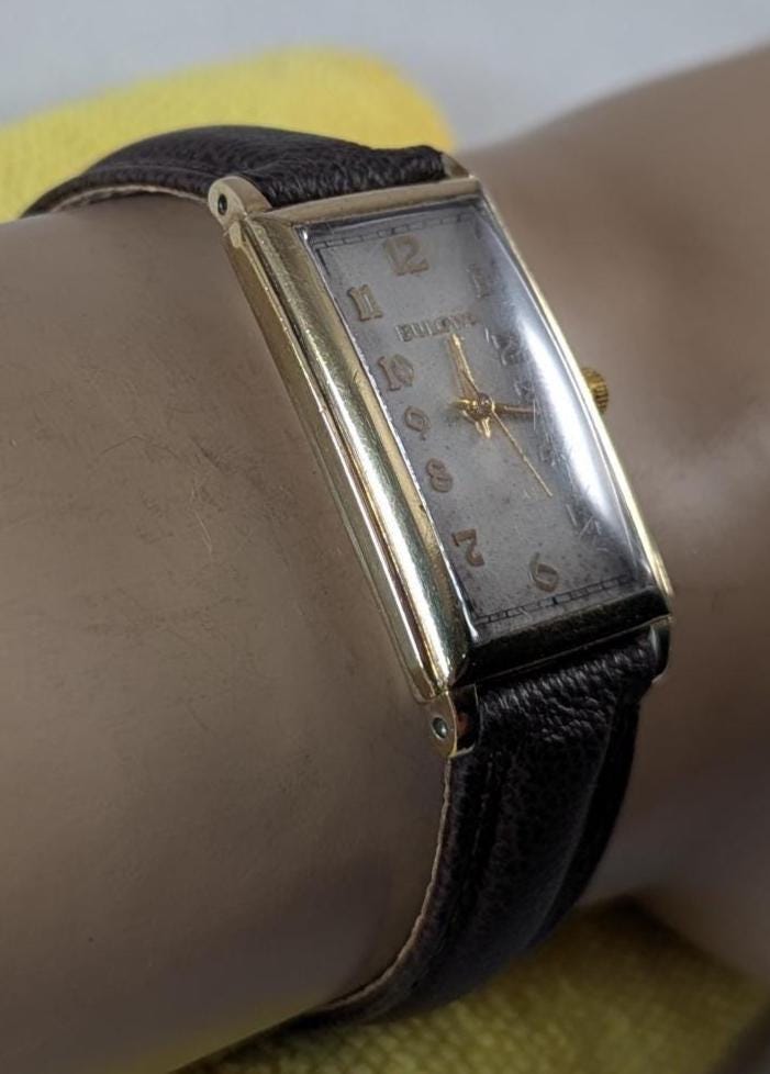Retro 1930s Bulova Men's Watch 10KT Rolled Gold Bezel, Quartz Movement, Leather Band