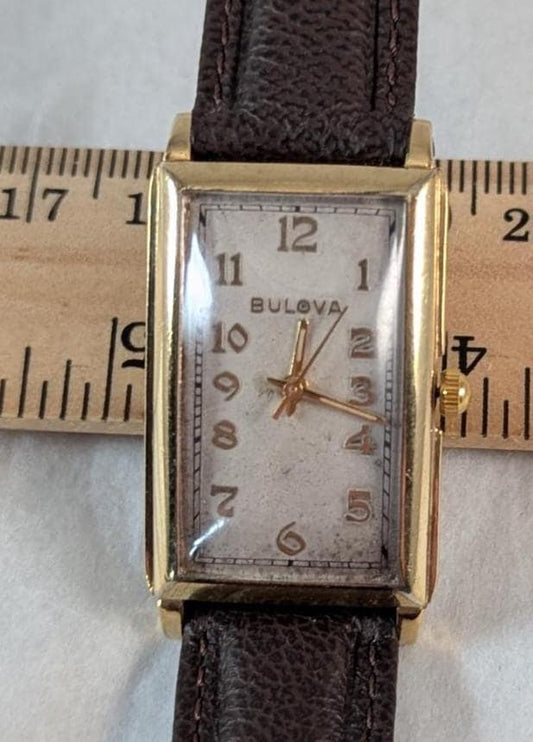 Retro 1930s Bulova Men's Watch 10KT Rolled Gold Bezel, Quartz Movement, Leather Band