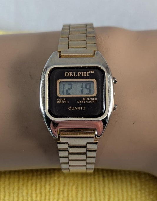 1980s Delphi Quartz LCD Digital Woman's Watch - Vintage Gold Tone